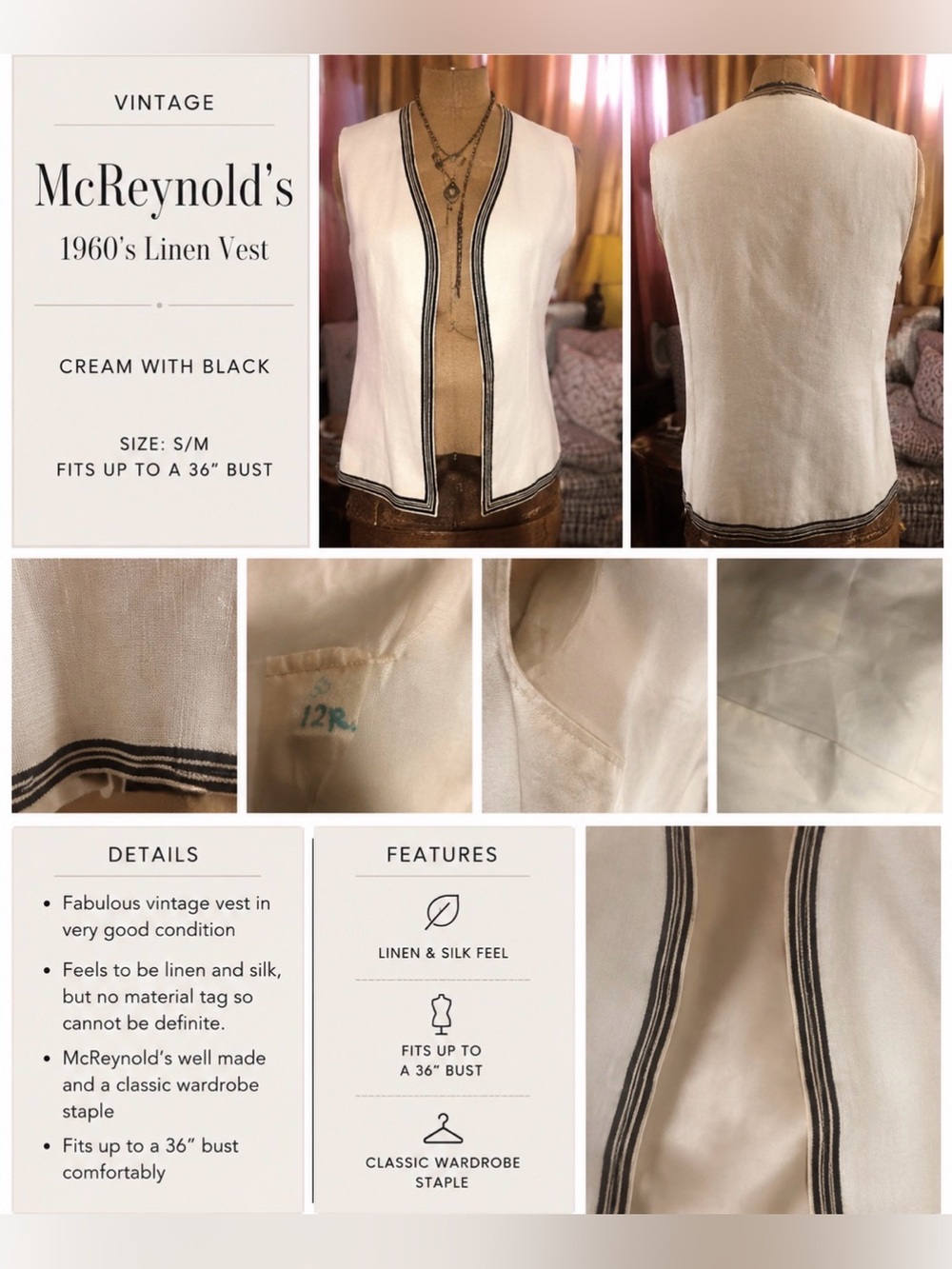 Vintage McReynold’s 1960’s linen vest with silk lining- s/m - cream with black